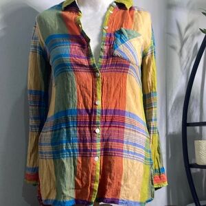 Soft Surroundings Yellow Pink Long Sleeve Button Down Shirt